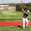 Bryson DeChambeau testing out the direct route to the first green during his practice round (Photo: Michael Reaves/PGA of America)