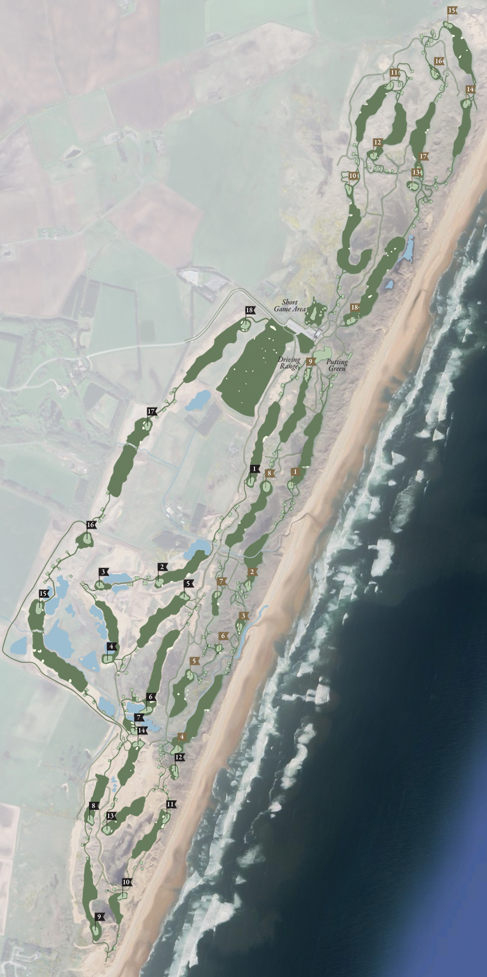 The New course (indicated with black flags) plays from the clubhouse down to the Southern Dome, for holes eight to fourteen among high natural dunes, before returning via four closing holes further inland. It is easy to see the potential for a compos