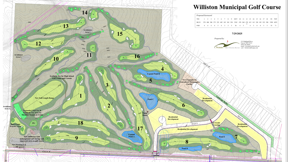 The first five holes, plus nine, seventeen and eighteen, of the new Williston Municipal layout play over land occupied by the existing nine (Image: Kevin Norby)