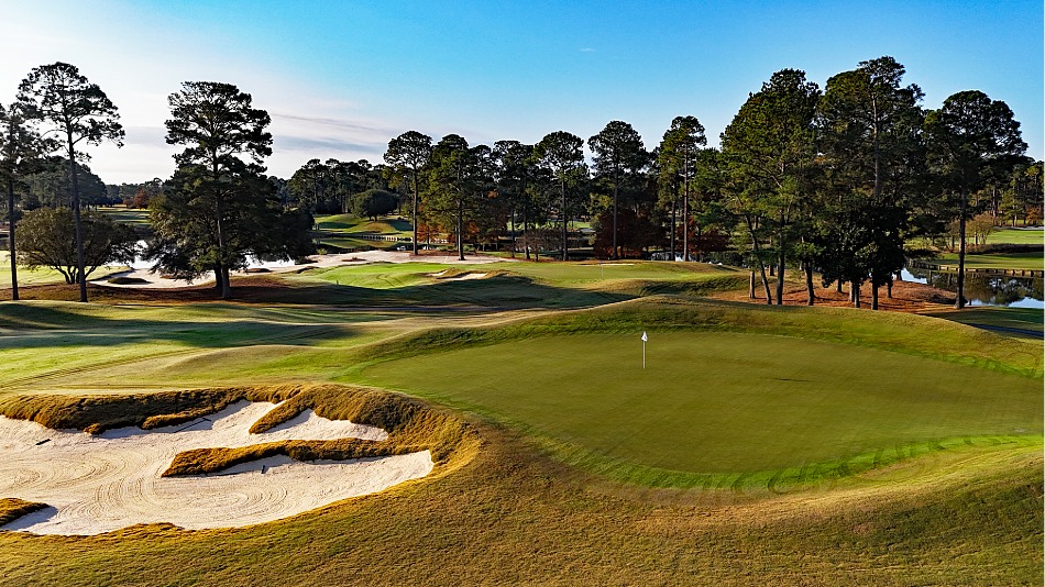Several putting surfaces (including the seventeenth, pictured) have been restored to their original size or enlarged to bring more pin s into play (Photo: Founders Group International)