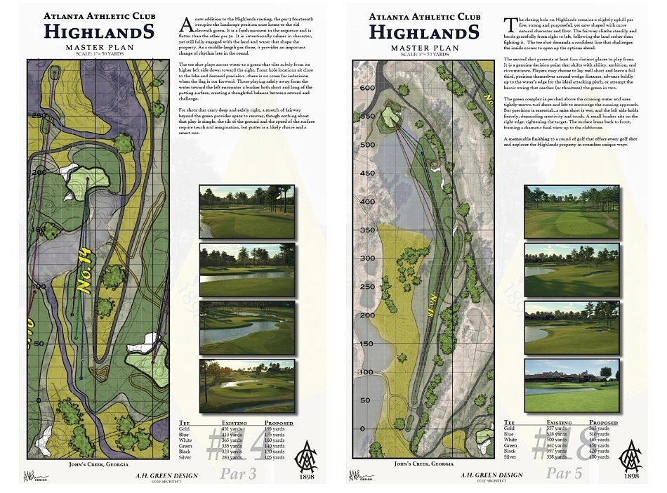 Green’s plans for holes fourteen and eighteen. The fourteenth is a new par three located on land formerly occupied by the eleventh (Images: Andrew Green)