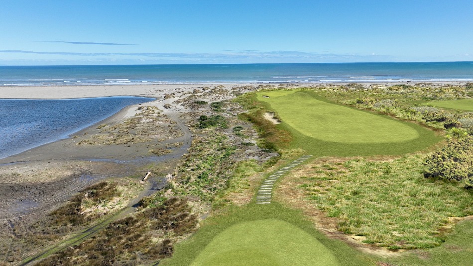 A rendering of the par-four fourteenth, which plays towards the Cook Strait (Image: Darius Oliver)