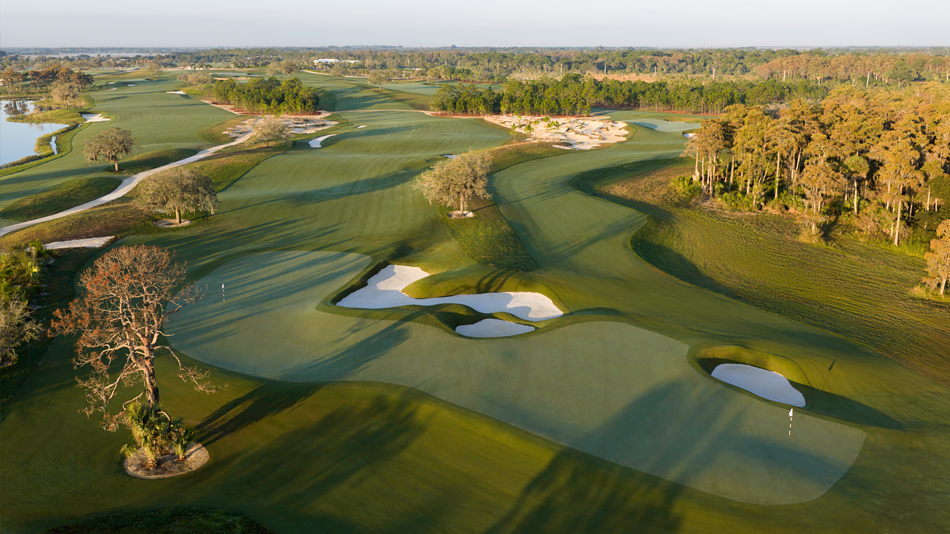 The same double green viewed from above the approach area of the sixteenth, with the par-three seventeenth visible in the background (Photo: Steve Szurlej)