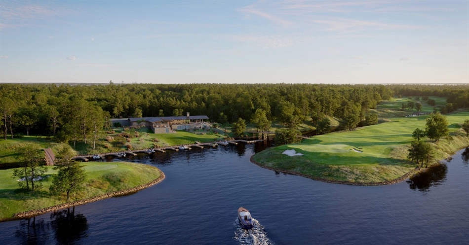 A rendering of the eleventh (left) and eighteenth greens, which are both located near the clubhouse and are connected to the mainland by bridges (Image: Harris Kalinka)