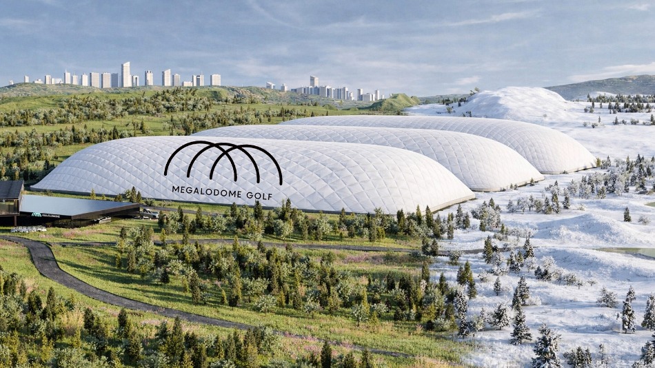 A visualisation of Megalodome, a proposed indoor golf facility with nine holes ranging from 103 to 278 yards and a practice facility (Image: Megalodome Golf)