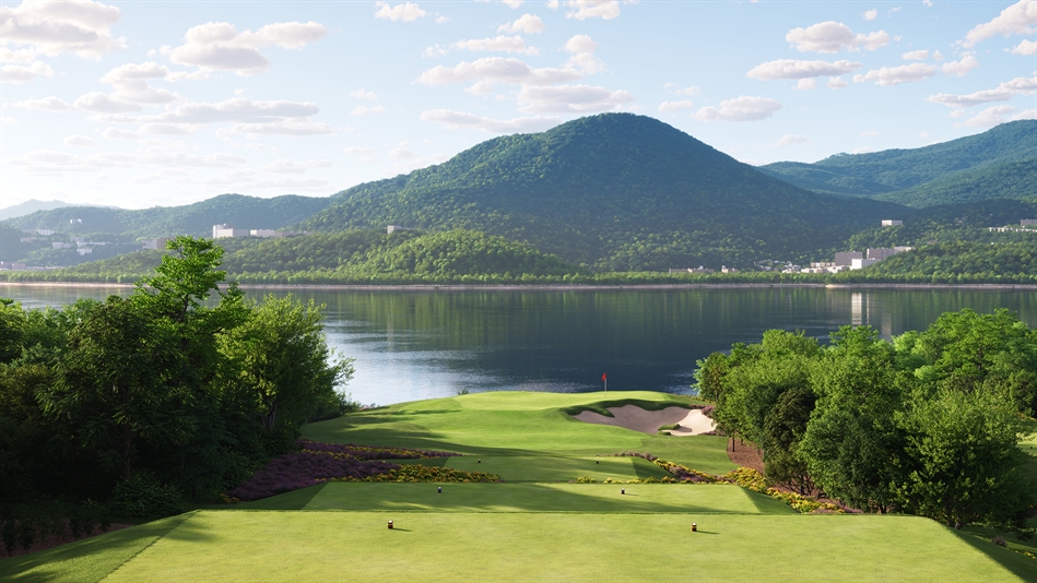 A rendering of the par-three twelfth, which plays towards Tolo Harbour and the Tai Po Kau Nature Reserve (Image: Harris Kalinka)