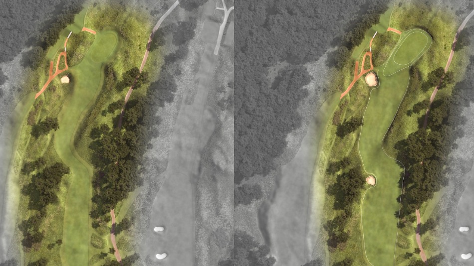 An aerial visualisation showing the changes made to the seventh – a new fairway bunker, a wider fairway, drainage-led work at the approach and a recontoured green (Image: McDonnell & Cooper)