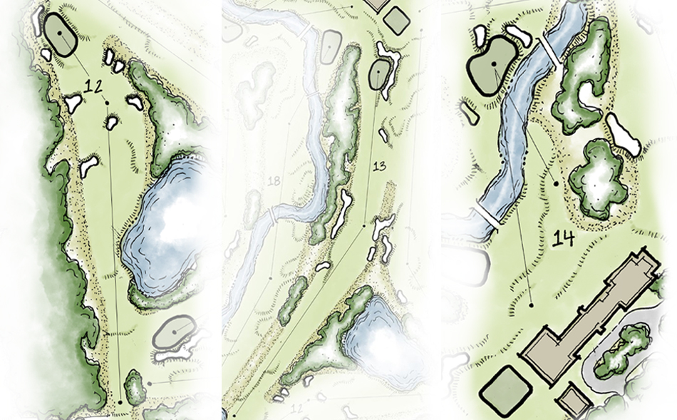 The stretch from holes twelve to fourteen – par fours of 340 and 500 yards followed by 160-yard par three (Images: Kyle Phillips Golf Course Design)